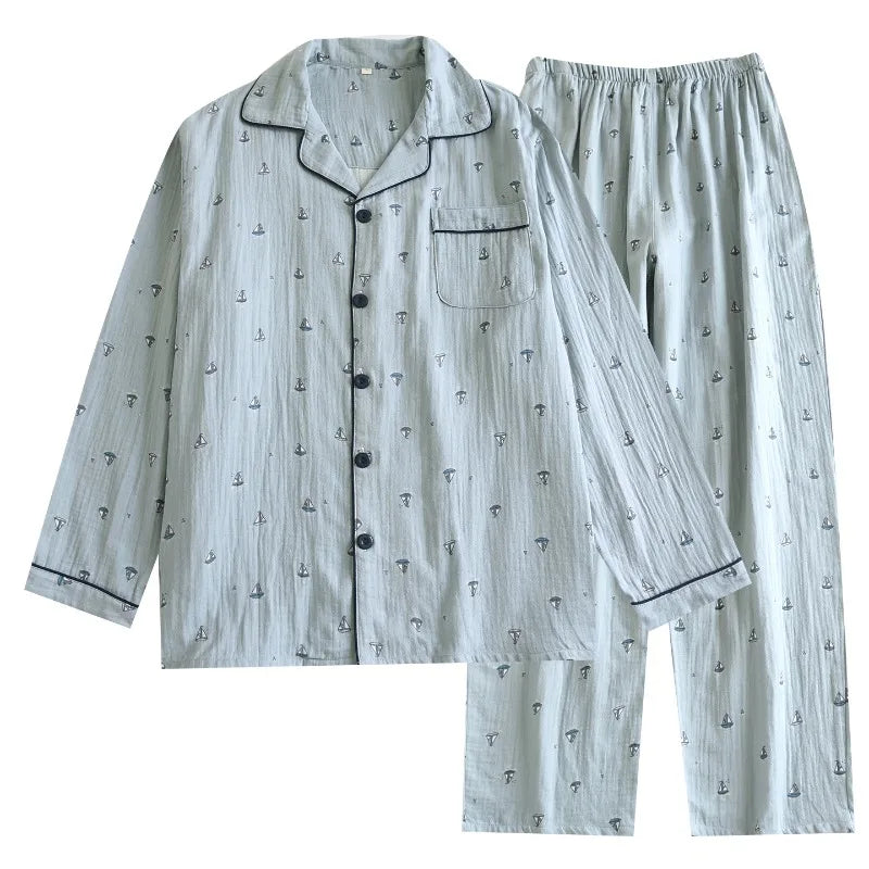 100% Cotton Gauze Men's Pajama Set Breathable Long Sleeve Sleepwear Button Down Loungewear with Nautical Print Soft Homewear