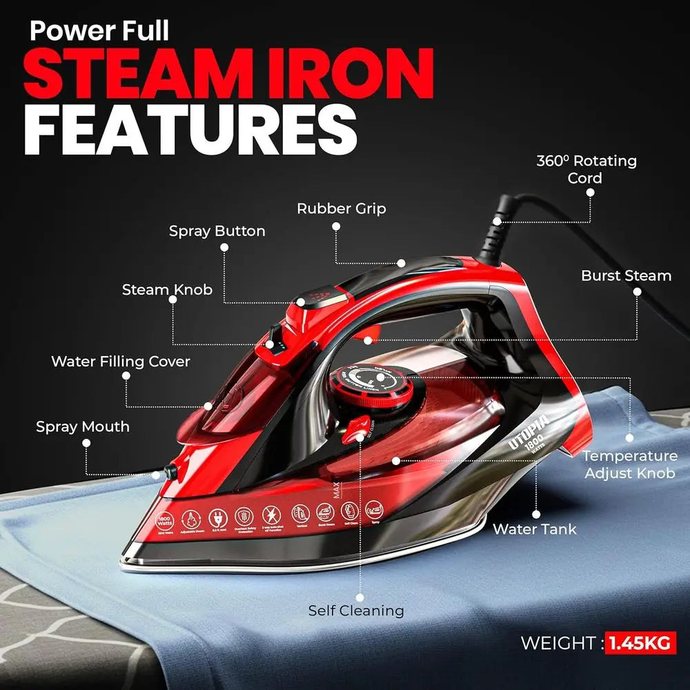 1800W Clothes Iron With Auto-Off Safety, Adjustable Temp Control, Variable Steam Control, Self-Clean, 8ft Cord (Black/Red)