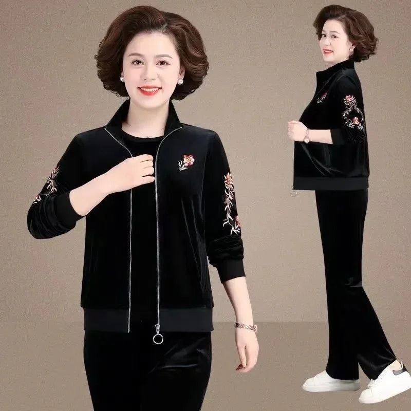 Women Spring Autumn Golden Velvet Set Casual Suit Embroidery Coat Straight Trousers 3-piece Sets