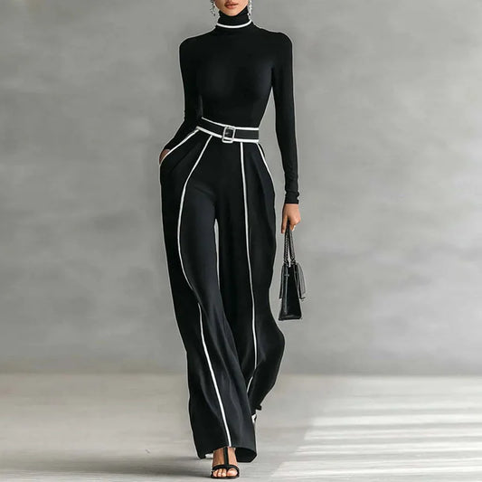 2 Piece Set Autumn/Winter Striped Print Elegant Stand Collar Slim Top Pullover & Wide Leg Trousers Suit
