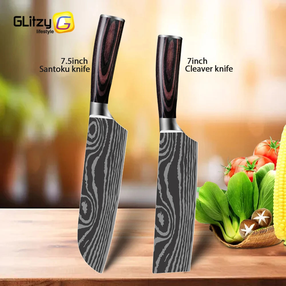 Damascus Laser Steel Kitchen Chef Knives with Shear Cutter and Wooden Handle