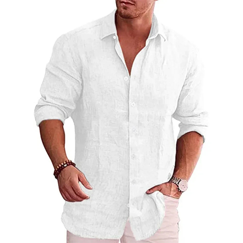 Autumn Men's Long Sleeve Shirt Cotton Linen Breathable Solid Color Casual Style Plus Size