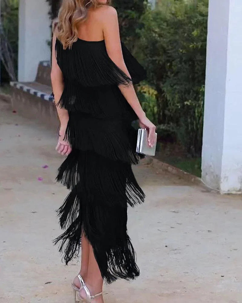 Spring and Summer Women's Fashion Fringed One Shoulder Asymmetrical Dress