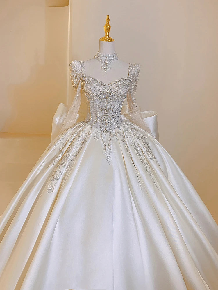 Satin Wedding Dress with Square Collar Lace up Luxury Bridal Ball Gown Floor-Length off the Shoulder with Train