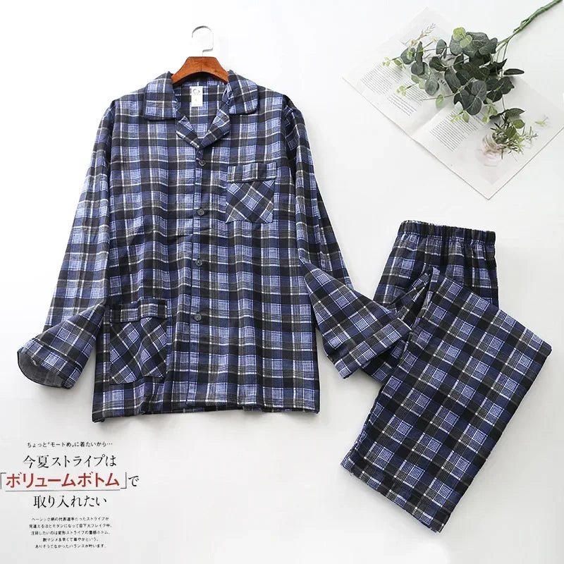 Spring Autumn Winter Long-sleeved Men's Trousers Pajama Set Suits Brushed Cloth Cotton Plaid