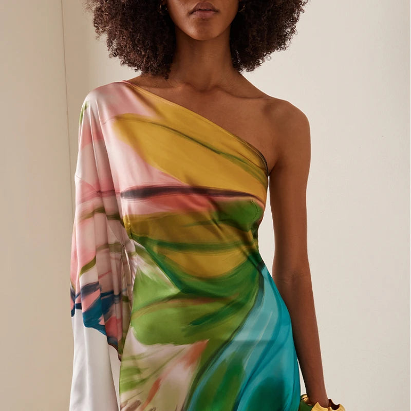 Women Elegant Satin Dress 2025 Oblique Shoulder Papillon Print Dress Maxi Sundress Casual Vintage Printed Loose Long Robe
