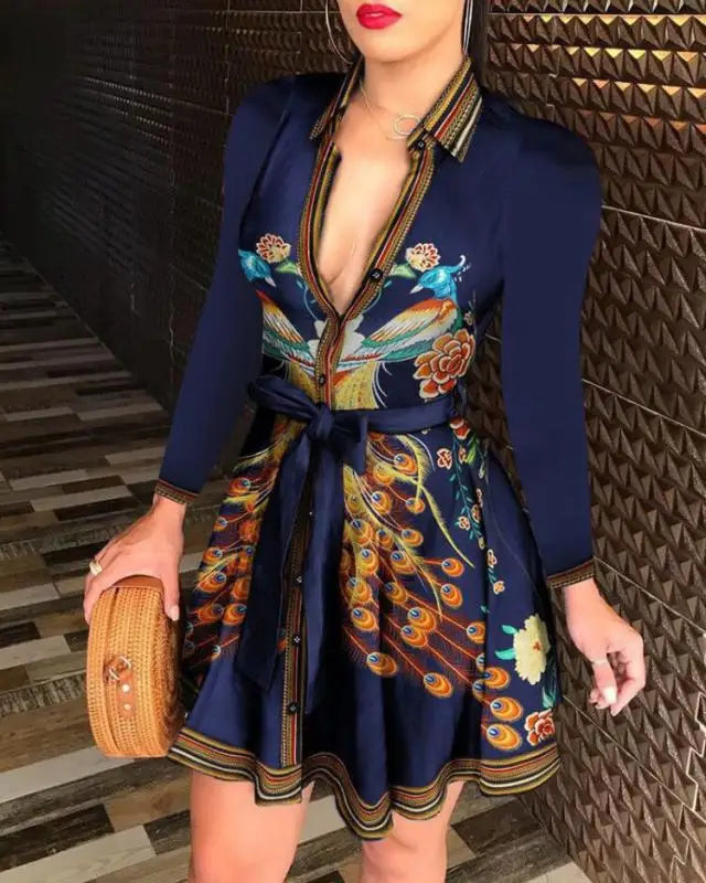 Elegant Casual Long Sleeved Dress With Buttons and Lapels