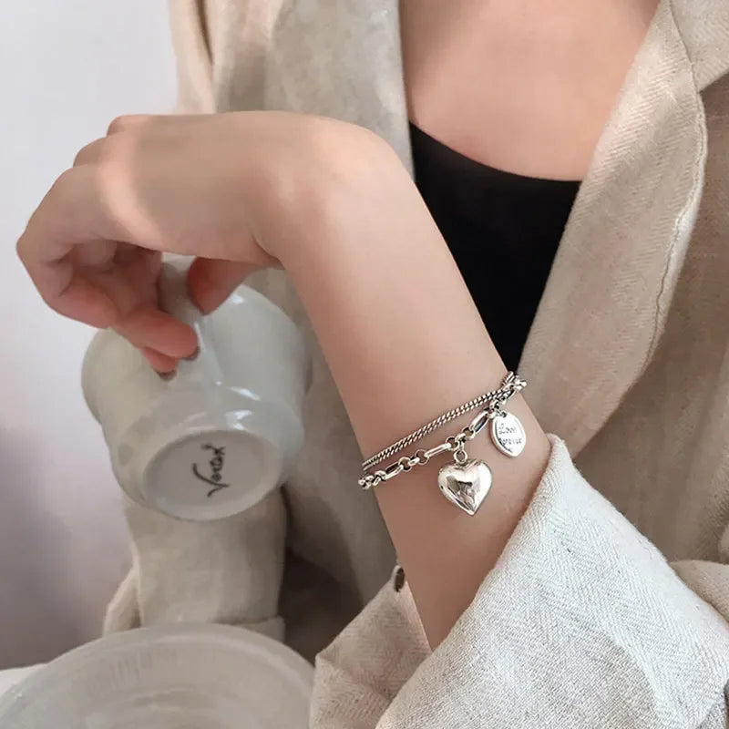 Sterling Silver Bracelet Love Letter Heart Double Layer Retro Light Style