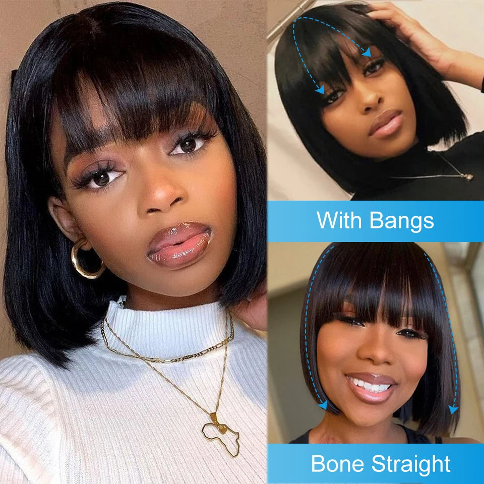 Brazilian Human Hair Wig with Bangs Straight Hair Women 8-16 Inches No Lace Bob Wigs