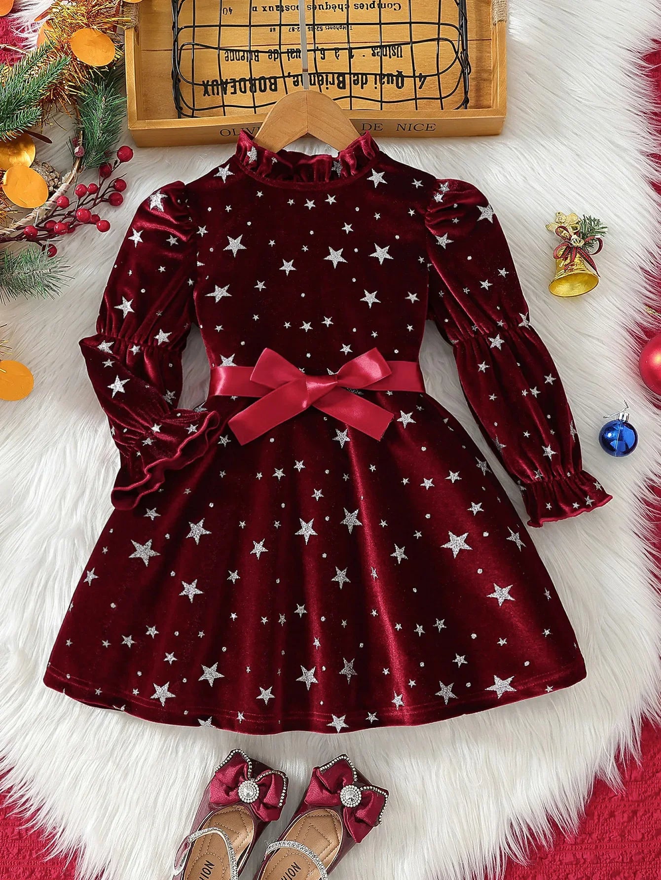 Girl Christmas Star Print Velvet Dress Ruffle Neck Puff Long Sleeve Belted Kids Party Dress