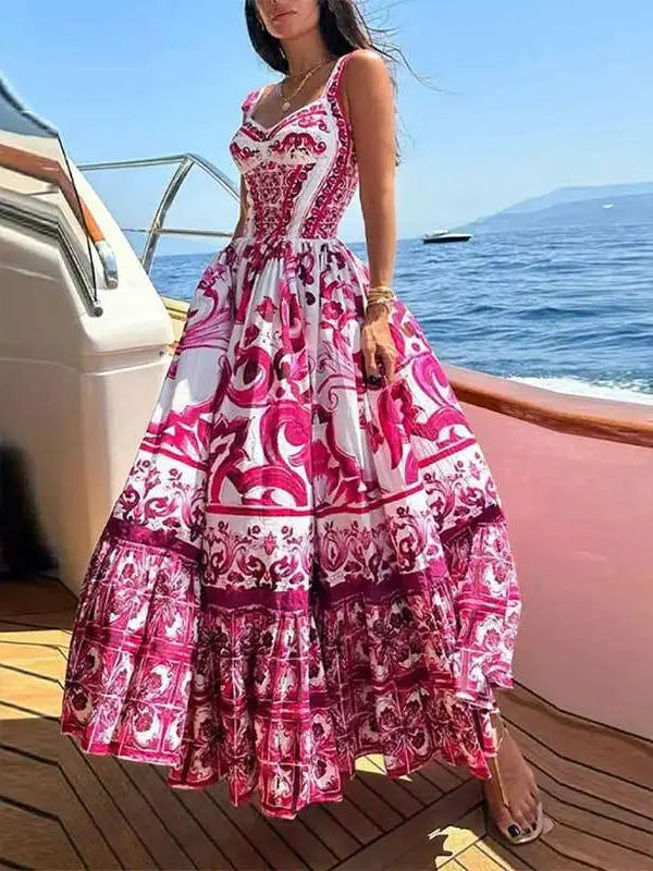 Elegant Summer Bohemian Sling Print Sleeveless A-line Long Dress