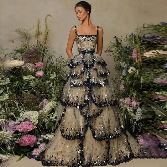 Customized Luxury Evening Sparkly Sparkly Sequin Tiered Ruffles Ball Gown Evening Dress