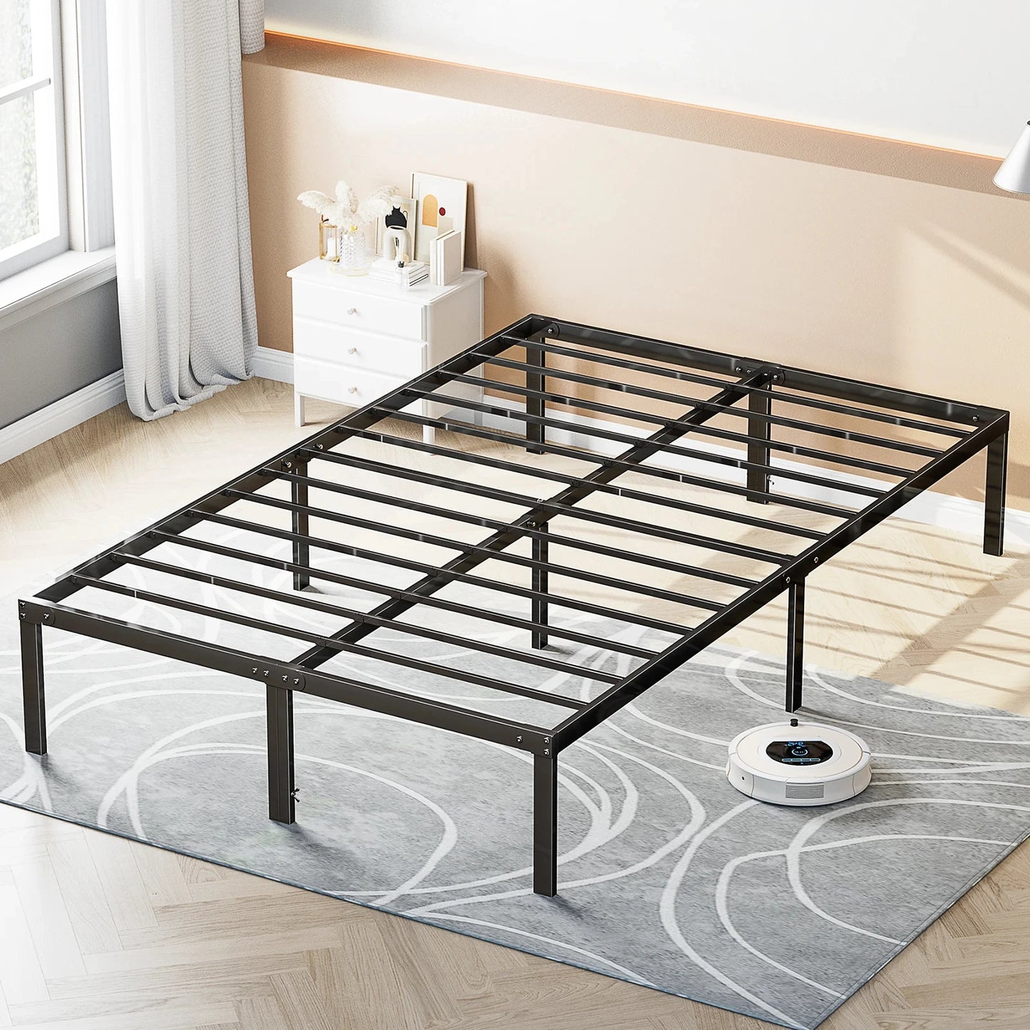 Basic Twin Full Queen King Size Bed Frame Metal Platform with Storage Space Sturdy Steel Slat Support 350LBS