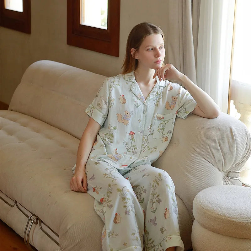 Bamboo Fiber Cotton Double-layer Gauze White Swan Cute Animal Print Long Sleeved Pajamas Set Clothes for Women