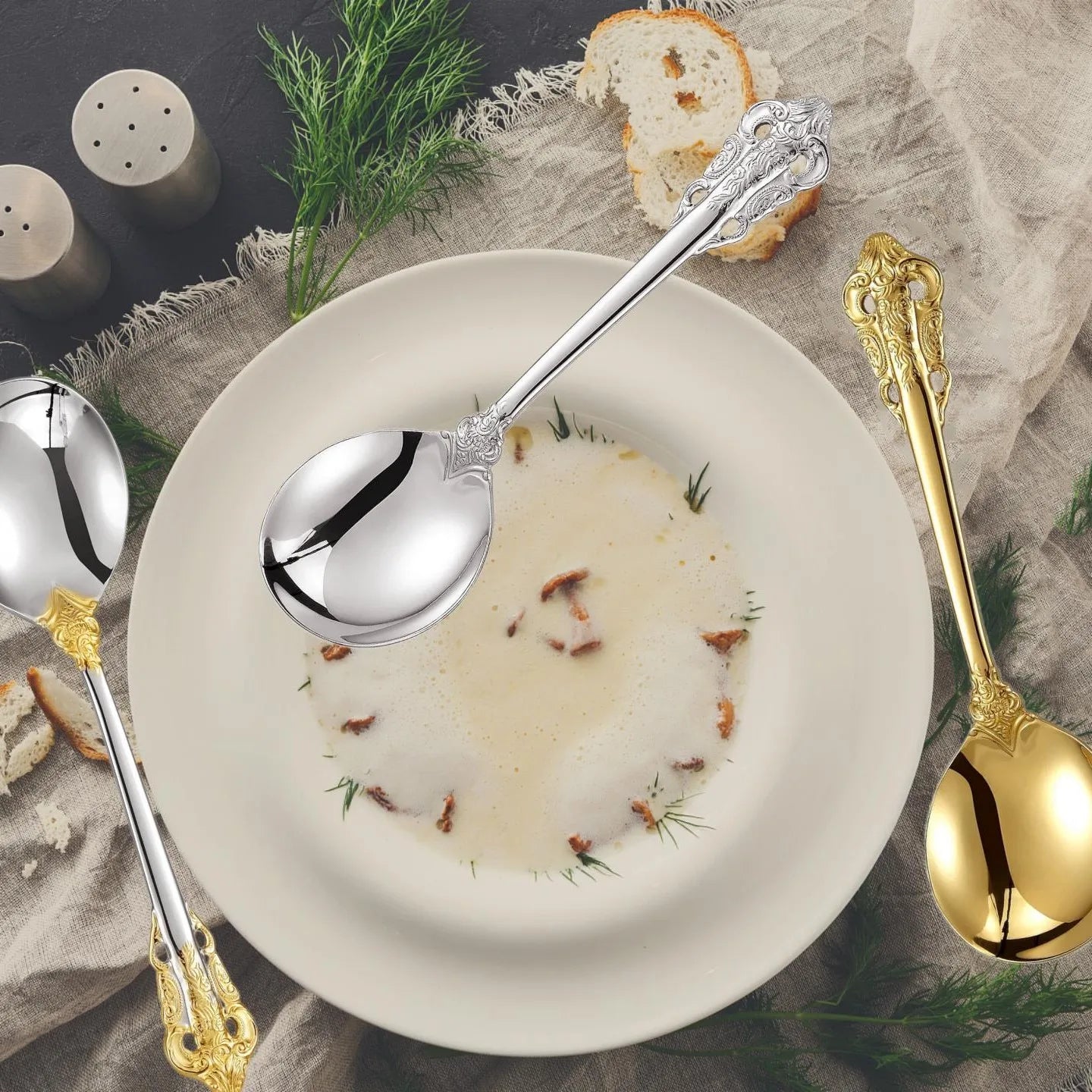 Stainless Steel Silver Flatware Set, Vintage Cutlery, Hollow Handle, Silverware for Wedding, Baroque, 18/10, Glossy Gold