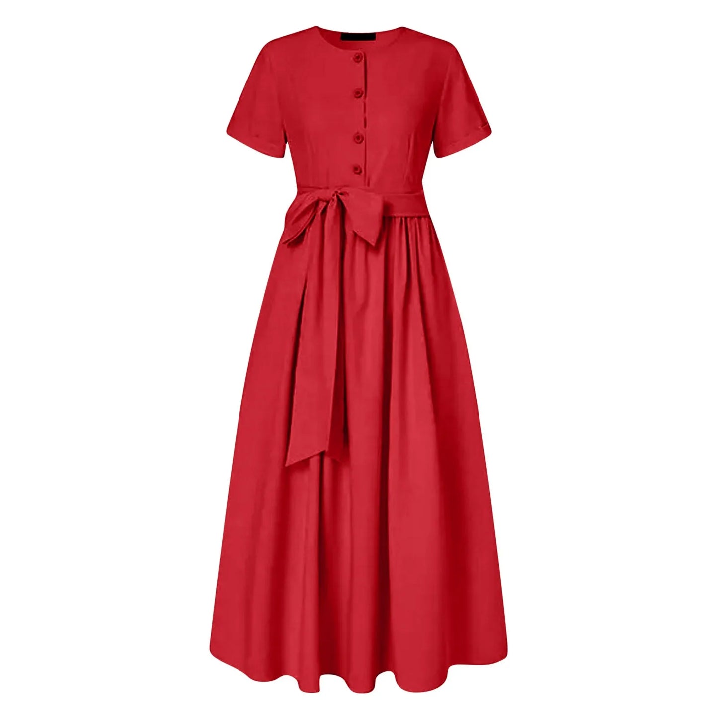 Women Elegant Formal Party Evening Dress Short Sleeve Sashes Mid-Calf Dress