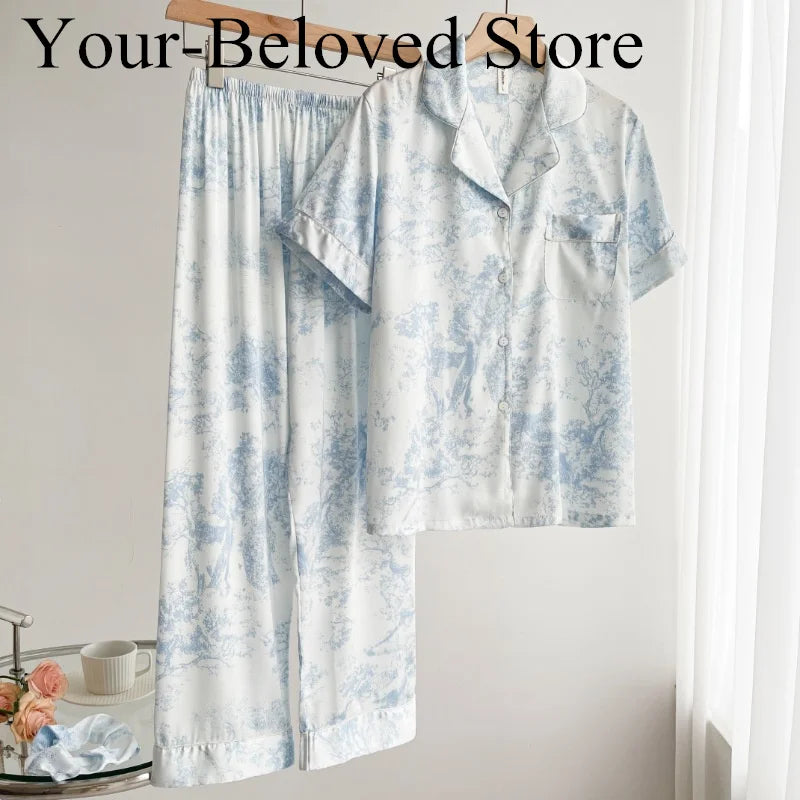 Red Sexy Pajamas Set Lapel Shirt & Pants for Lady Summer Spring 2Pcs Nightwear