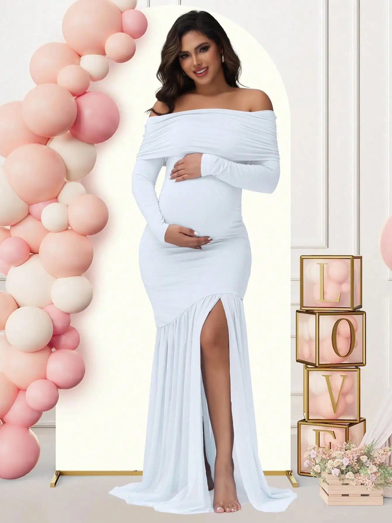 Elegant Maternity Gown Photoshoot Party Dress Off-Shoulder Slits Fishtail Hem