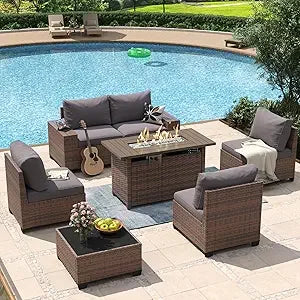 8 Piece Patio Furniture Set with 44” Fire Pit Table Wicker Rattan Outdoor Sectional Sofa Set with Coffee Table and Thickened Cu