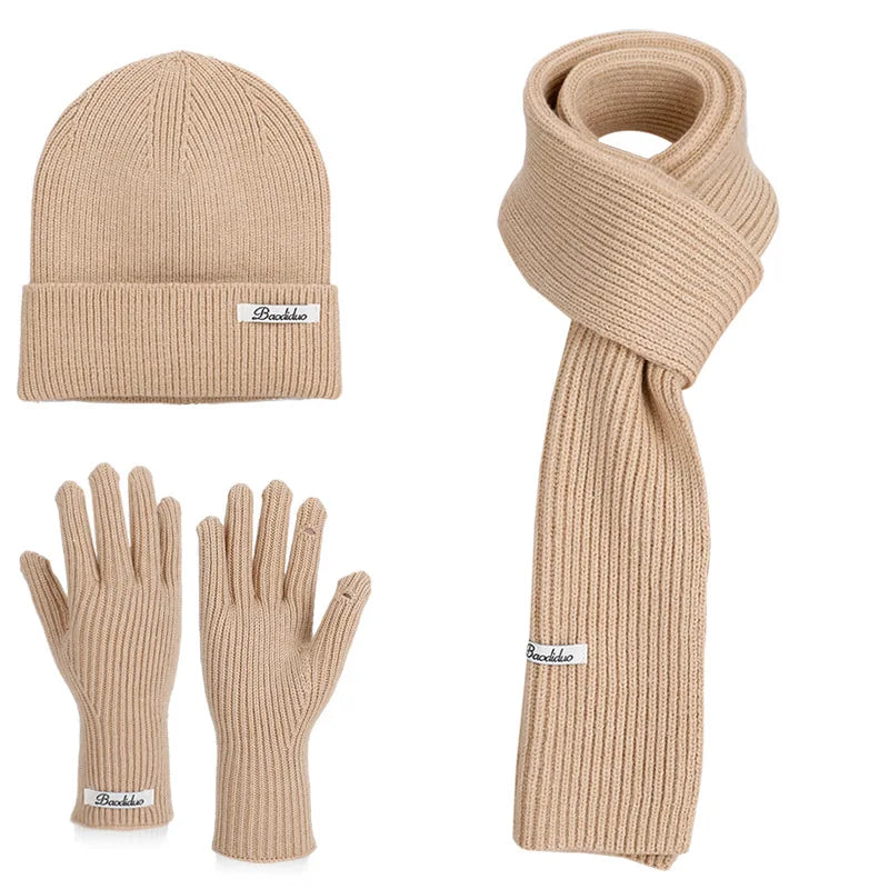 Winter Warm Knitted Hat Scarf Gloves Women's Windproof Three-piece Set