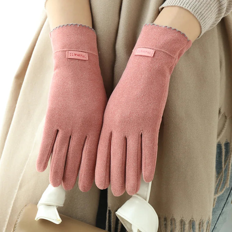 Women Slim Vintage Windproof Touch Screen Suede Winter Gloves