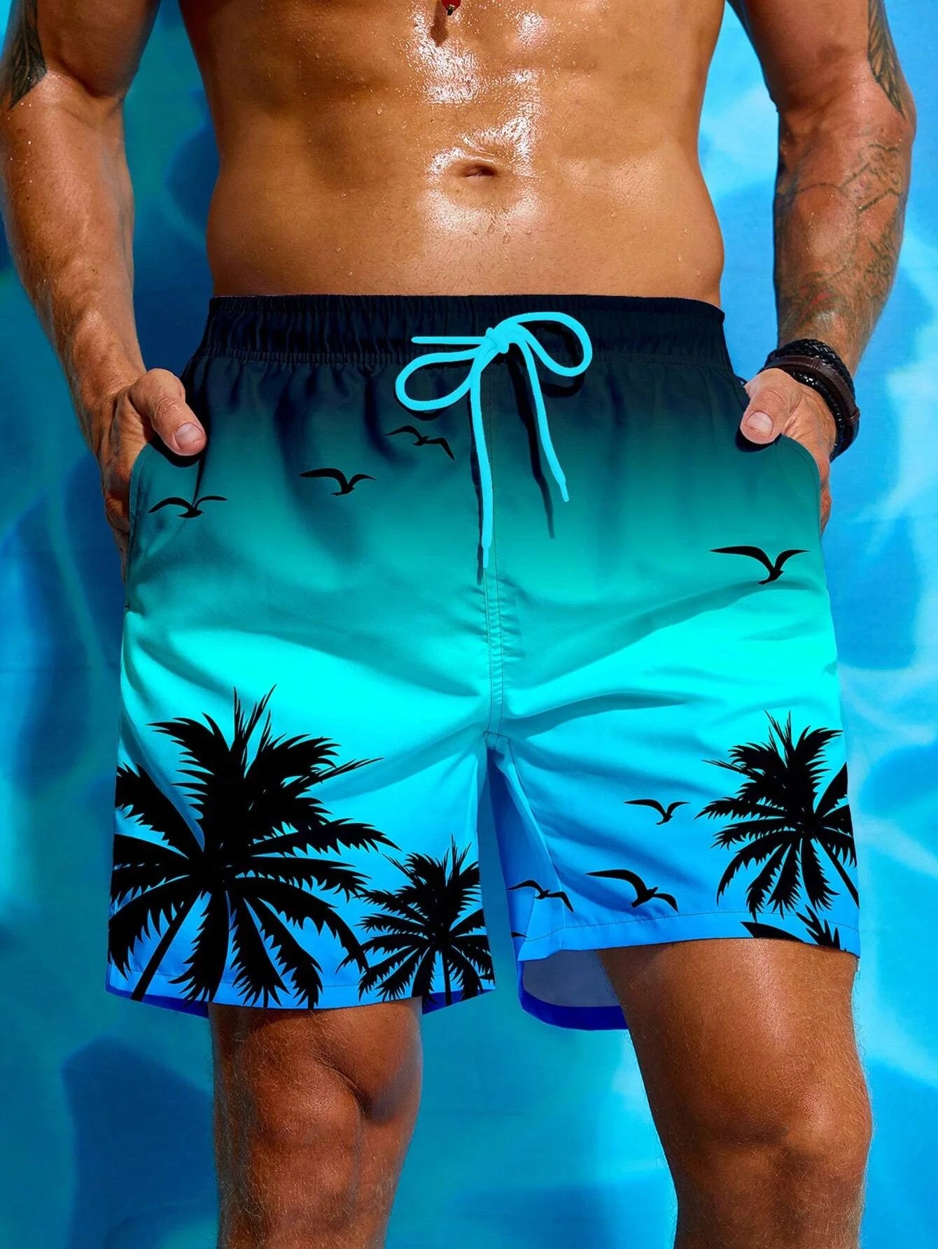 Men's Palm Tree 3D Printed Drawstring Swimming Breathable Shorts