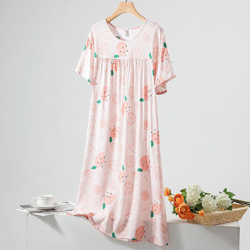 Summer Women Nightgown Short Sleeve Round Neck