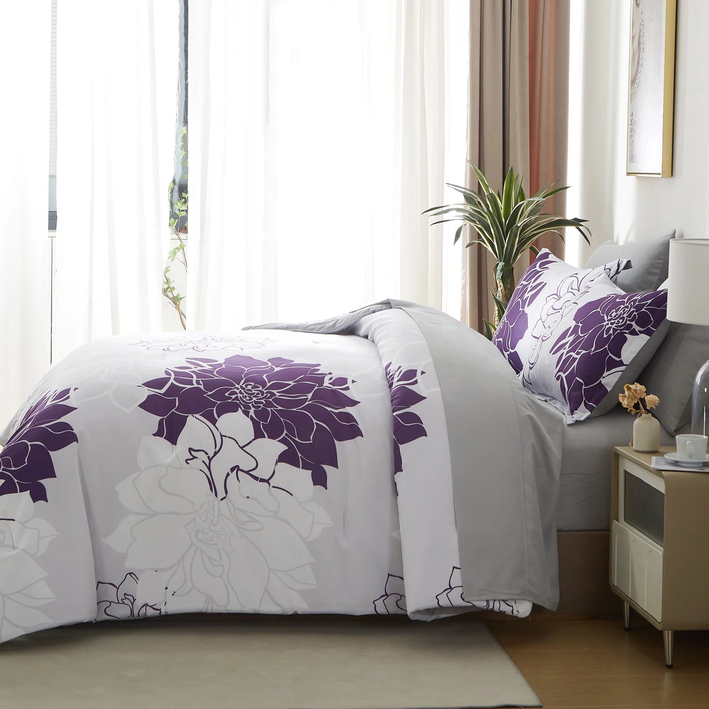 Comforter Set - 7 Pieces Floral Bedding Sets with Reversible Botanical Flowers