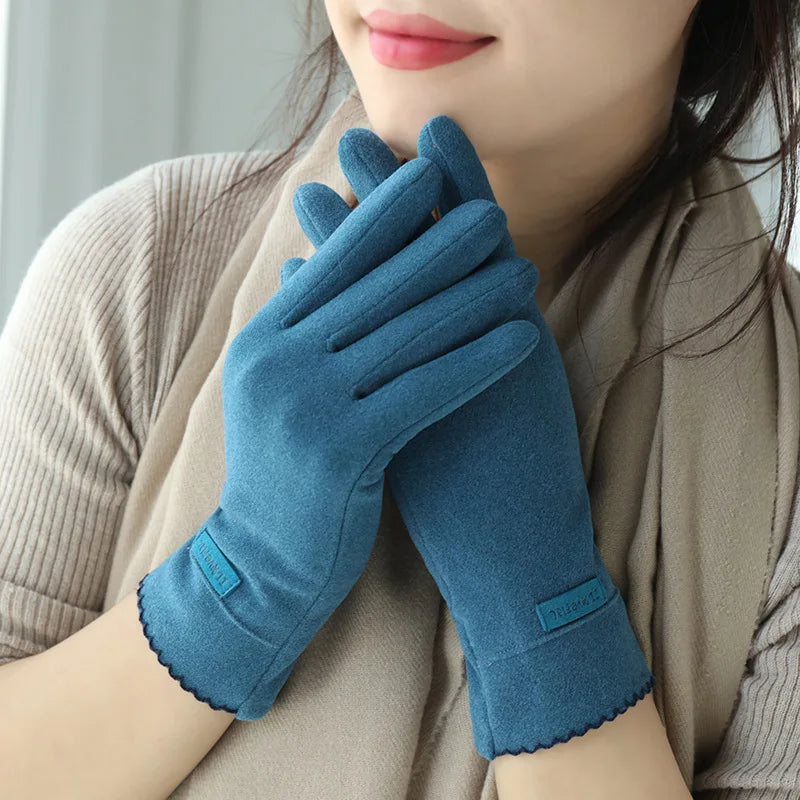Women Slim Vintage Windproof Touch Screen Suede Winter Gloves