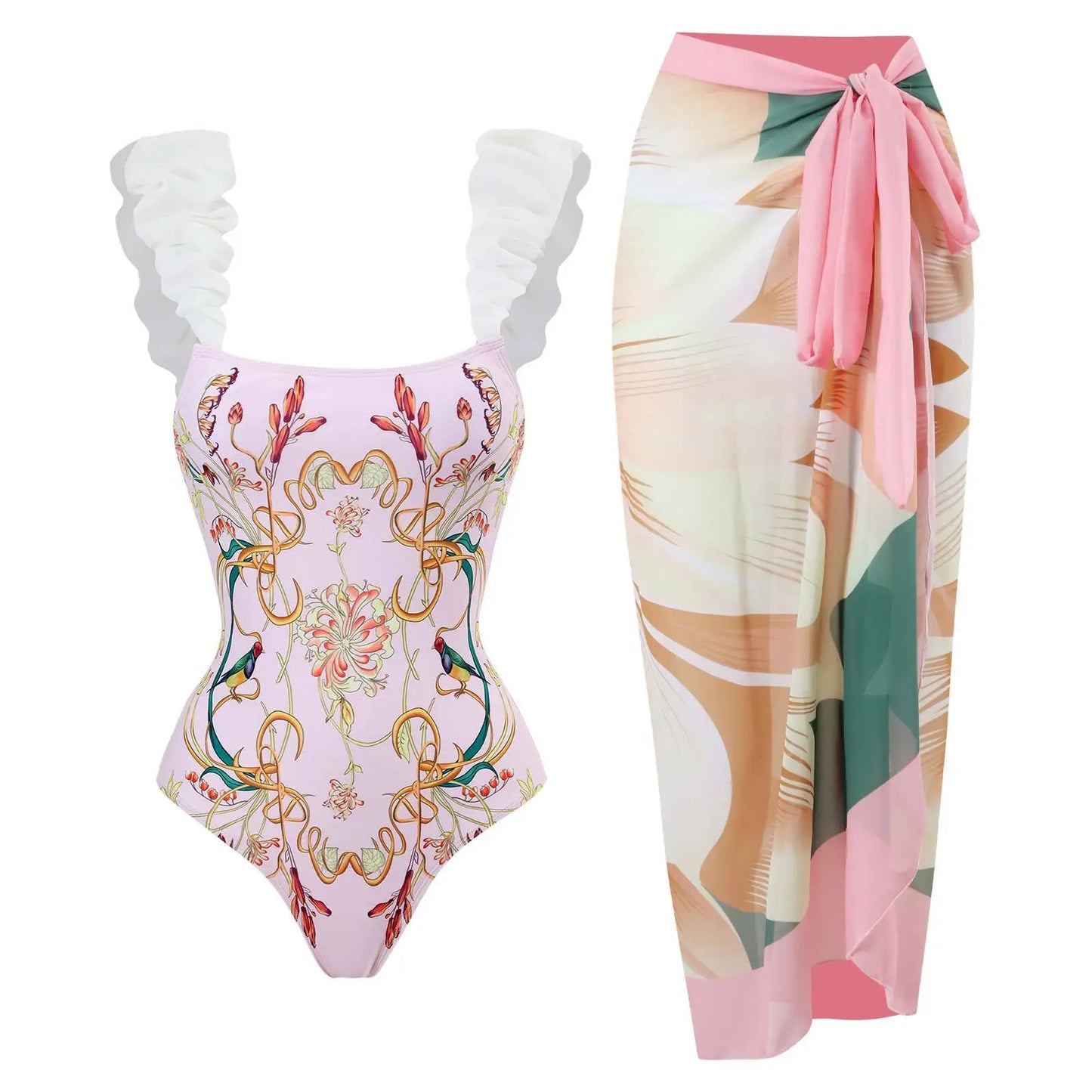 2-Piece Women Brazilian Floral Printed Ruffle Bikinis Strappy Bandage Swimwear