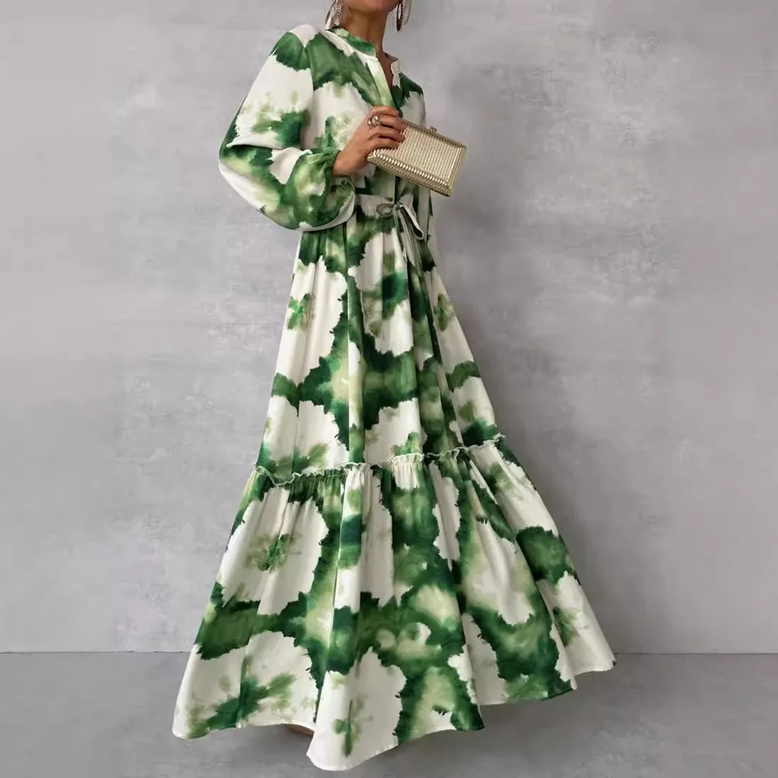 Summer Long Elegant Women Maxi Dresses Green Print Long Sleeve V Neck Waist