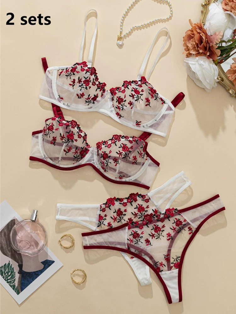 2 Sets Romantic Floral Embroidery Women Lingerie