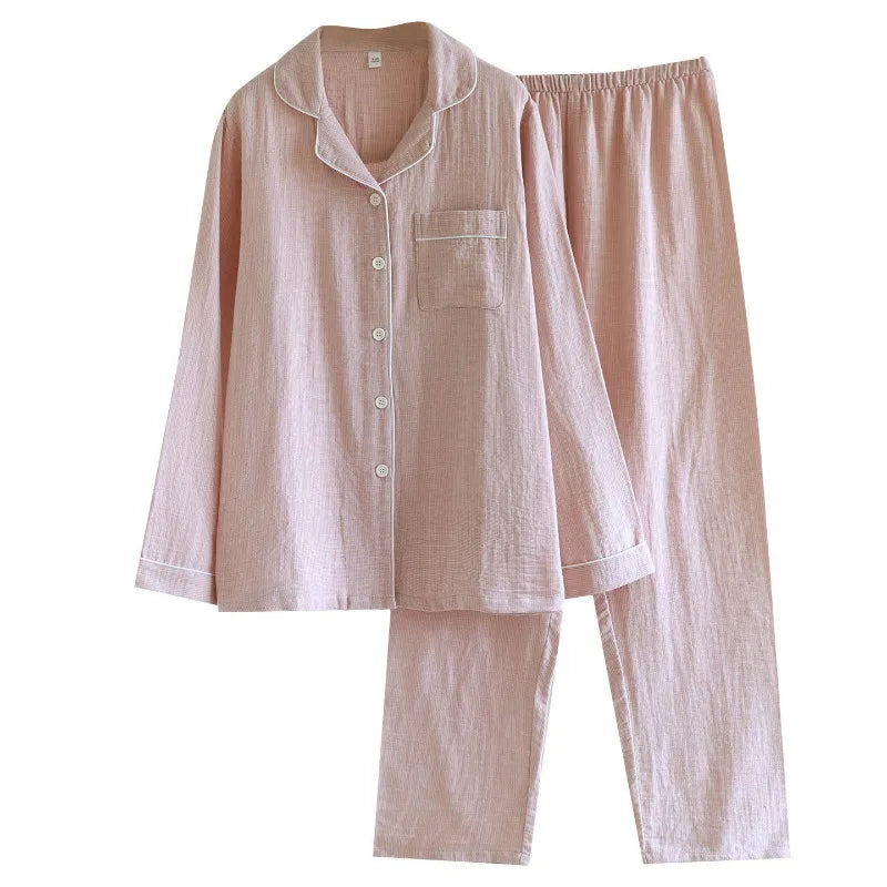 Men/Women Spring and Autumn Pajama Set 100% Cotton Gauze Jacquard Long Sleeve Checkered Two Piece Set