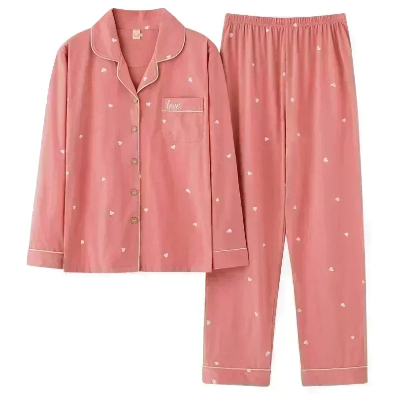 High Quality Large Size Women Cotton Pajamas Button down Tops and Trousers Set Sleepwear Homewear