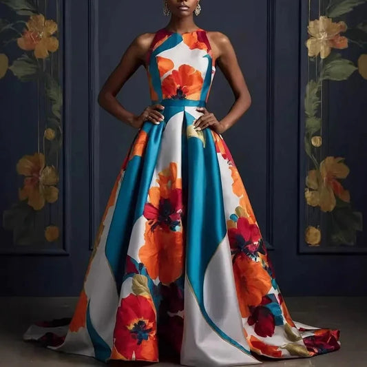 Sexy Sleeveless Floral Hem Long Gown High Waist O Neck Maxi Dress