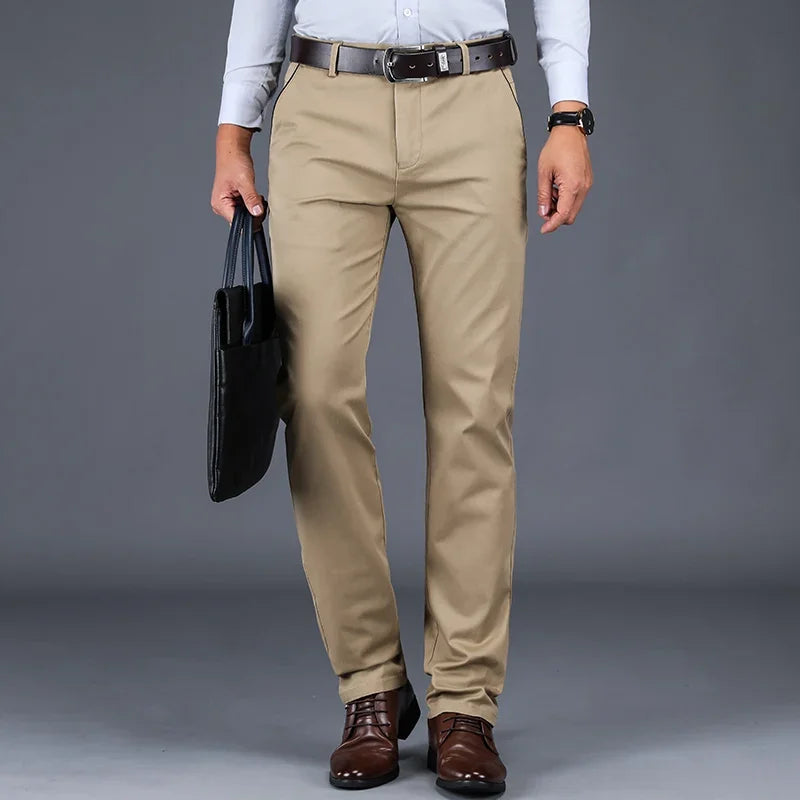 98% Cotton Casual Men's Pants Classic Straight Loose High Waist Elastic Trousers