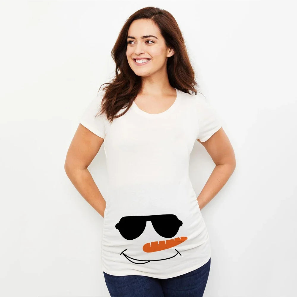 Christmas Pregnant Women T-shirt Snowman Cartoon Printed Pregnancy Announcement Clothes Maternity White Short Sleeve Top