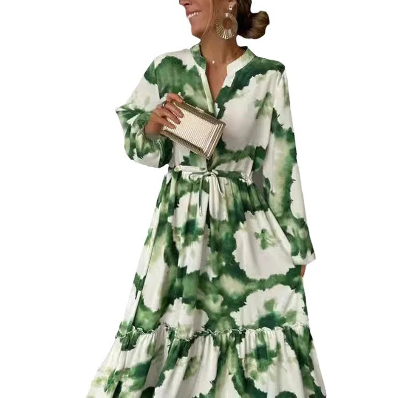 Summer Long Elegant Women Maxi Dresses Green Print Long Sleeve V Neck Waist