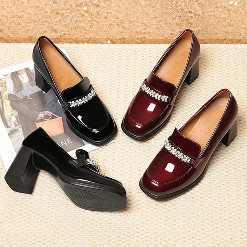 Leather High Thick Heel Pointed Toe Woman Pump Shoes