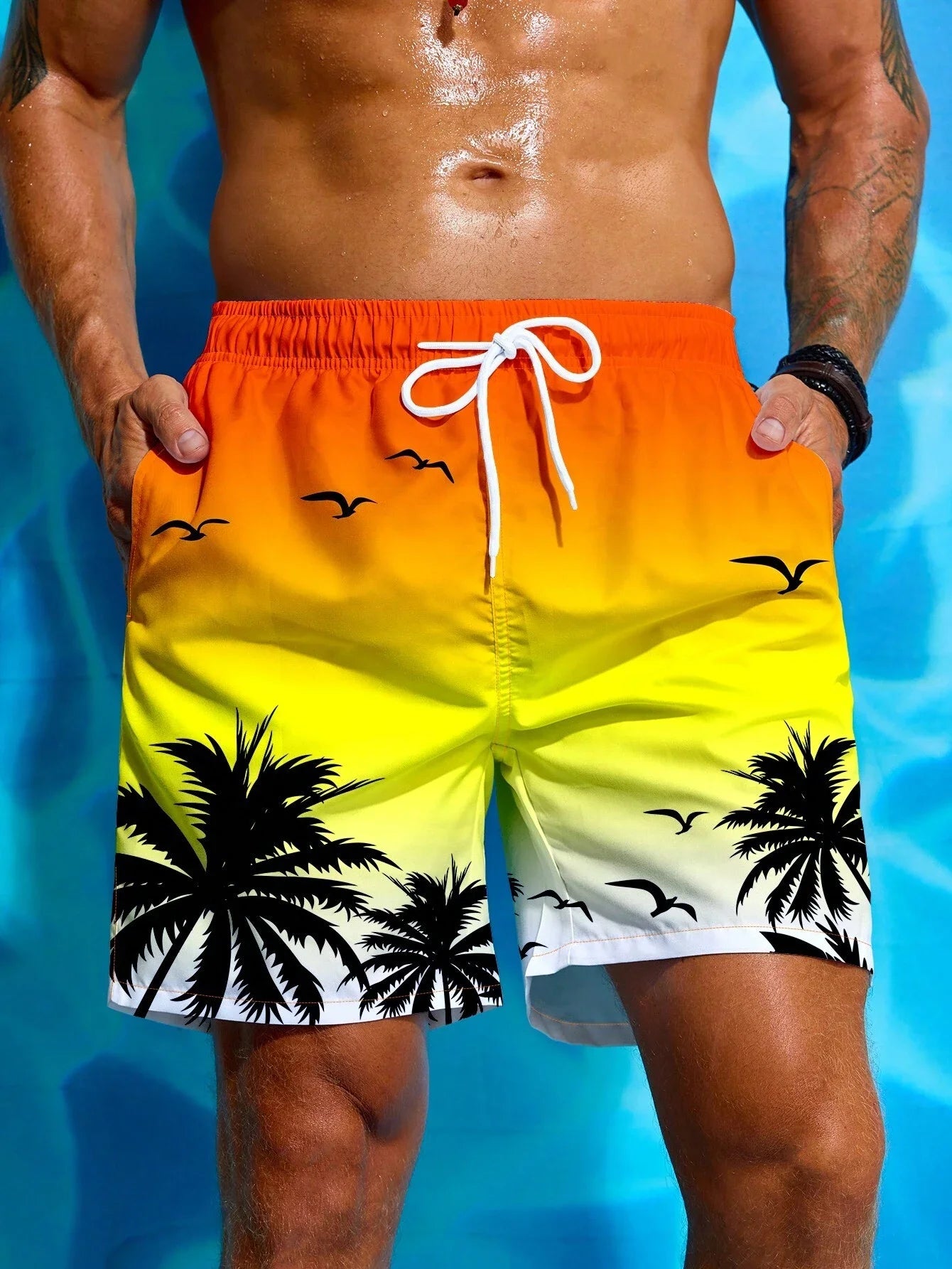 Men's Palm Tree 3D Printed Drawstring Swimming Breathable Shorts