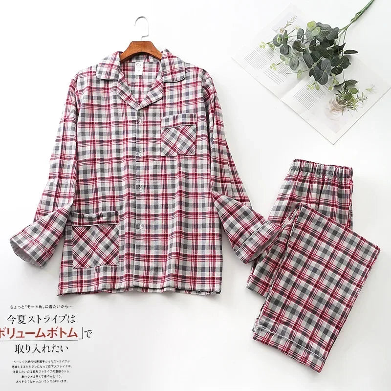 Spring Autumn Winter Long-sleeved Men's Trousers Pajama Set Suits Brushed Cloth Cotton Plaid