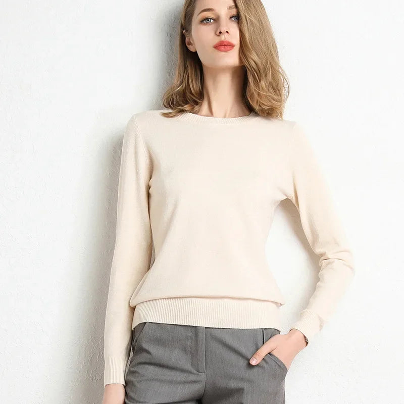 Women's Slim O-Neck Cashmere Wool Blend Sweater