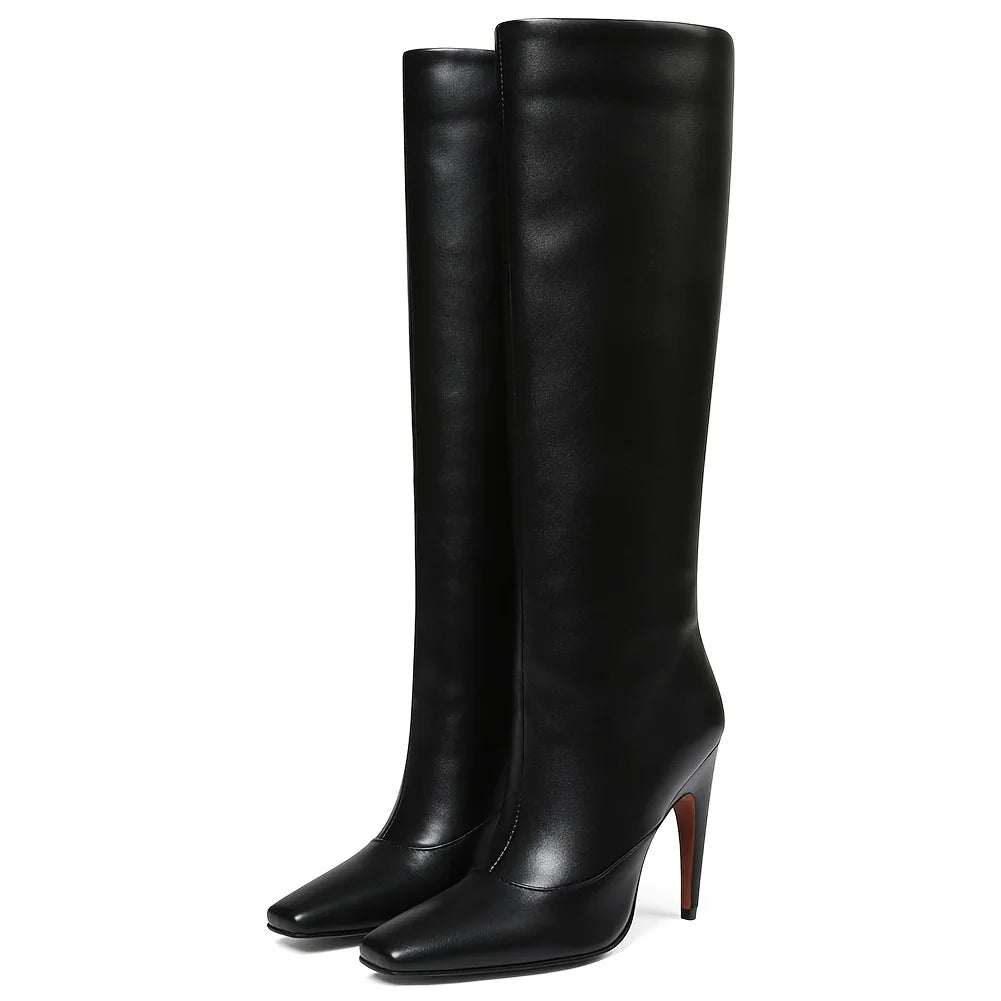 Women's Stiletto High Heeled Suede PU Knee High Boots Square Toe Pull On Thin Heel Wide Calf Boots