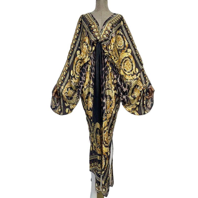 Sexy Silk Long Maxi Robe Women V-neck Bohemian Dress