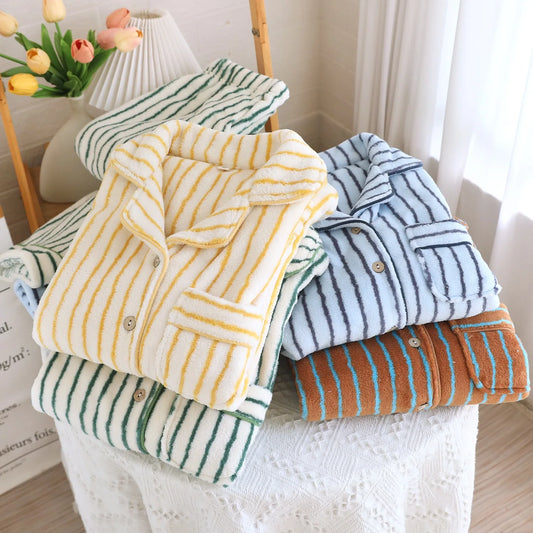 Unisex Winter Plush Couple Flannel Pajamas 2 Piece Set Warm and Soft Home Nightwear Clothes