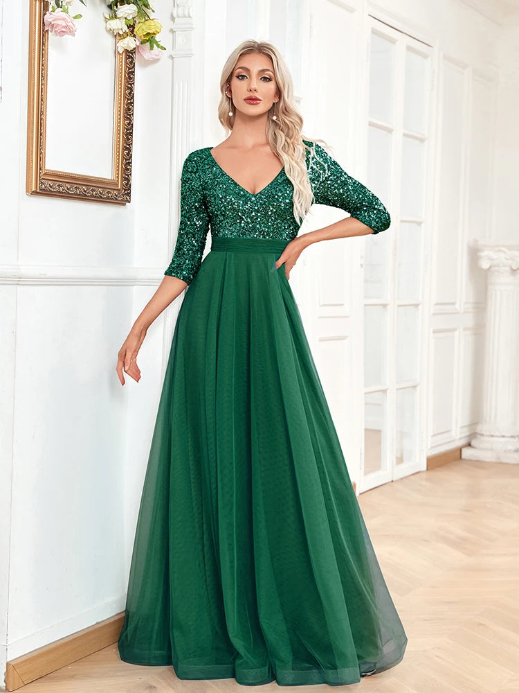 Luxury Floor Length V-Neck Evening Dress Party Maxi Dress Sequin Short Sleeves Prom Cocktail Gown
