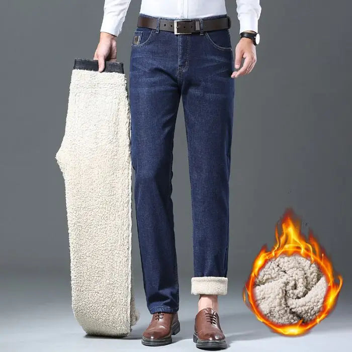 Brand Winter Warm Fleece Jeans Men's Thick Thermal Casual Straight Denim Pants Male Business Work Stretch Trousers