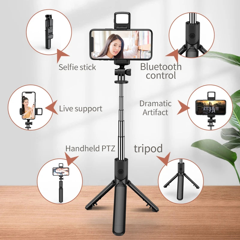 Wireless Bluetooth Selfie Stick Mobile Phone Holder Retractable Portable Mini Tripod With Fill Light Remote Shutter