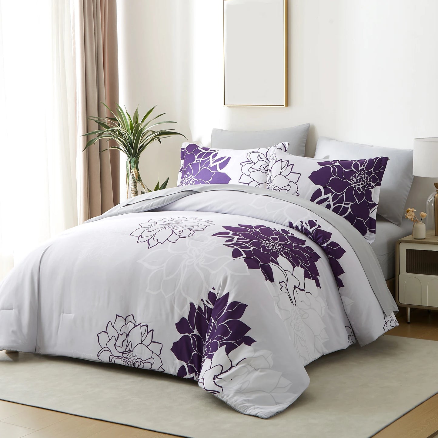 Comforter Set - 7 Pieces Floral Bedding Sets with Reversible Botanical Flowers