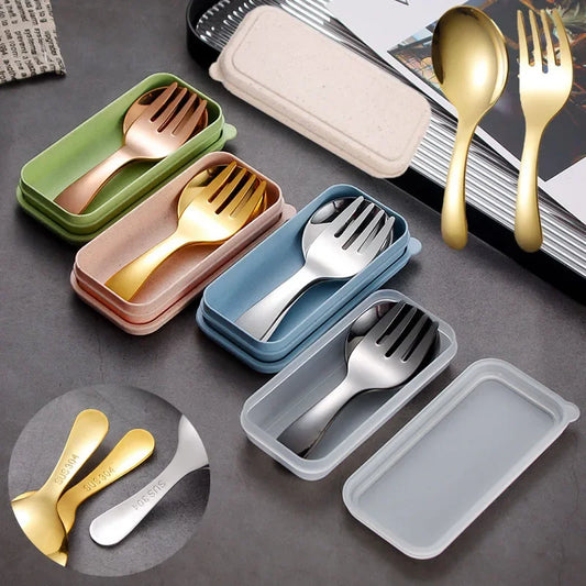 Mini Portable Stainless Steel Spoon Fork Set Storage Dessert Fruit Tool for Work School Short Handle Tableware Suitable for Kids